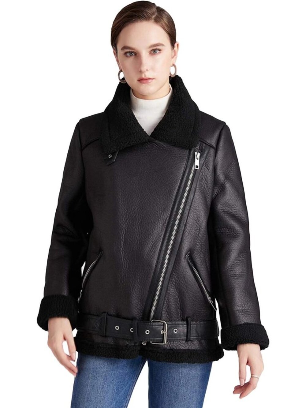 Women’s Faux Lamb Black Faux Shearling Moto Jacket, Thick Lined Winter Parka Coa